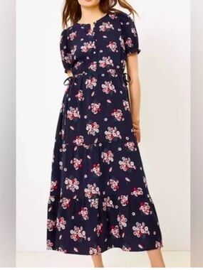 LOFT Navy Floral Tiered Button-Front Midi Dress 8